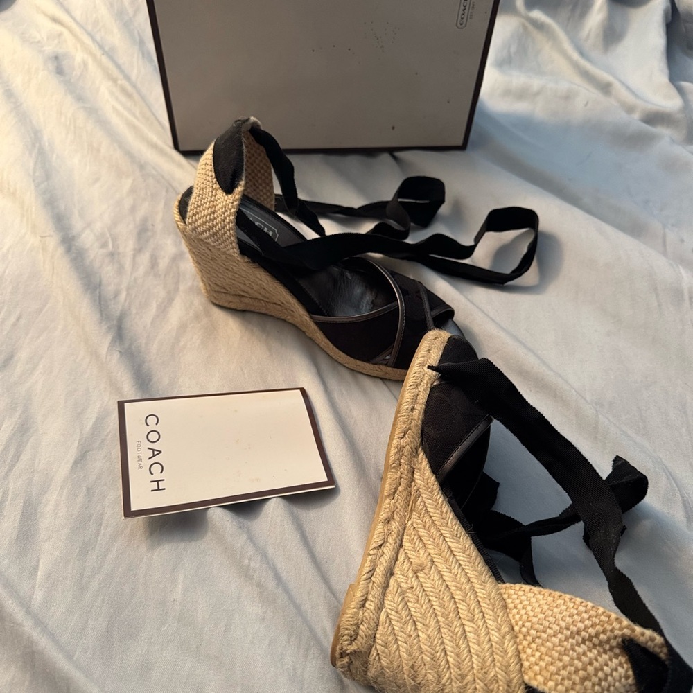Coach Black and Tan insignia Espadrille Wedges